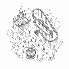Fototapeta premium Detailed isometric amusement park illustration with a fairytale castle, roller coaster, and carousel in clean black line art, concept for family leisure, vacation map layout, and creative coloring