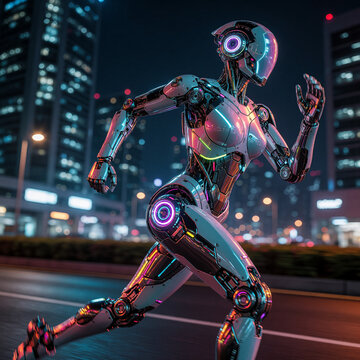 Advanced futuristic female robot with sleek armor running through high technology city street at night