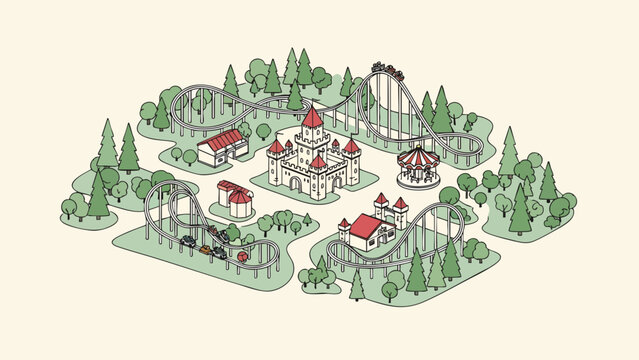 Isometric vector amusement park with fairytale castle, roller coasters, carousel, and lush green trees, concept for family fun, summer entertainment, and vacation destination, ideal for travel