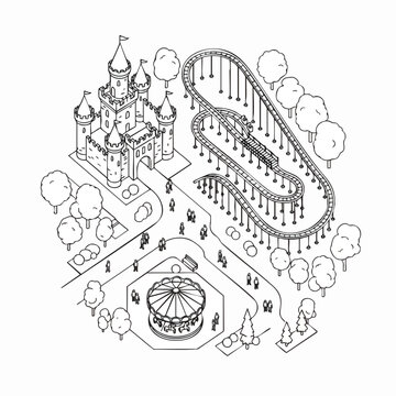 Detailed isometric amusement park illustration with a fairytale castle, roller coaster, and carousel in clean black line art, concept for family leisure, vacation map layout, and creative coloring