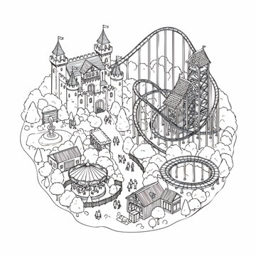 Detailed hand-drawn theme park map illustration with medieval castle, thrilling roller coaster, and carousel, concept for fantasy adventure coloring book page, ideal for children activity sheets and
