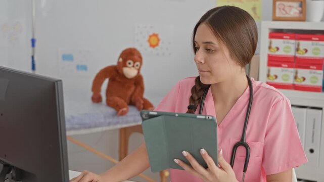 Woman doctor in pink scrubs holds tablet and looks down, stethoscope on neck in pediatric clinic building; focused care.