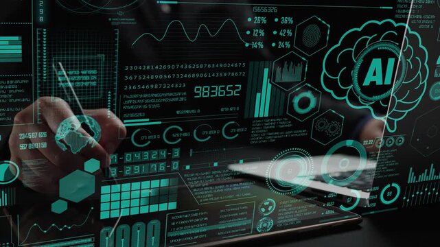 Explore the blend of human interaction and advanced AI technology in data analysis, featuring vibrant graphs and digital interfaces showcasing comprehensive metrics. Cipher