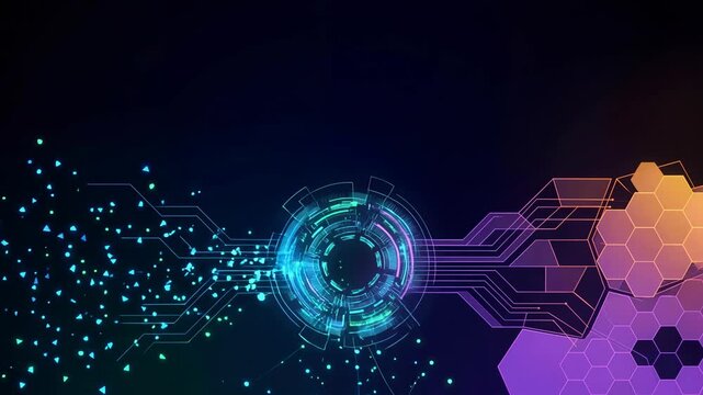 abstract digital technology background with futuristic geometric shapes and glowing elements