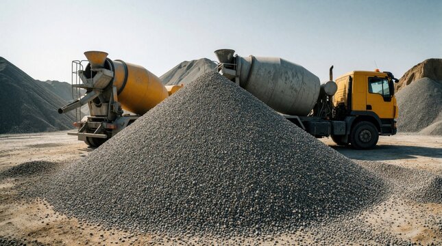 Yellow cement mixer trucks park at large gravel mounds on construction site. Heavy machinery operates in open stone quarry for building material supply. Industrial landscape with sand piles, mineral