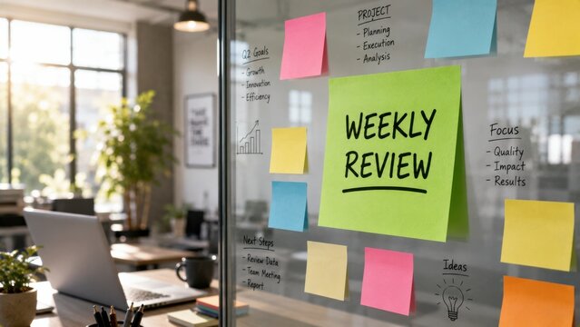 Business weekly review note on glass partition in modern office space for professional project planning.