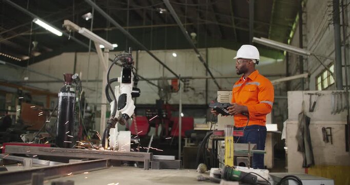 Professional industrial engineer African american man using equipment controller control and programing automation robot arms machine in manufacturing industry. People and innovation technology.