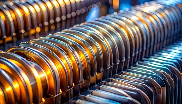 Abstract close-up view of metallic heat exchanger fins and copper radiator coils in modern industrial machinery
