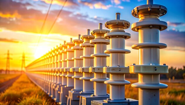 Row of high voltage electrical insulators at a power substation during sunset