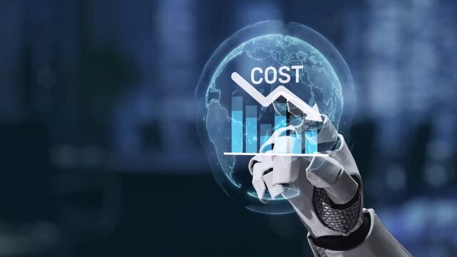 A robotic hand interacts with digital data, showcasing cost trends and financial graphs in a modern workspace. Perfect for themes of technology and finance. Synapse