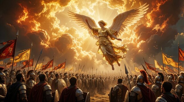 Golden angel descends from heaven over ancient army of soldiers on battlefield. Divine figure with big wings floats above warrior troop beneath glowing clouds. Roman legion stands ready with spears