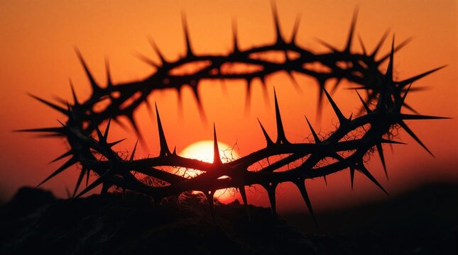 Silhouette of crown of thorns against bright orange sunset sky. Sharp spikes form circular shape on dark background. Christian symbol of suffering sacrifice, faith. Holy religious icon for Easter