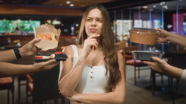 Woman touches chin with finger as several hands offer takeaway food boxes and sushi across a restaurant building counter; hesitation choice deliberation.