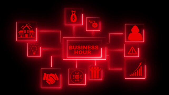 Business hour flow chart displays connected neon red square icons representing diverse corporate management elements and operational workflow strategies against a deep black dark background for.
