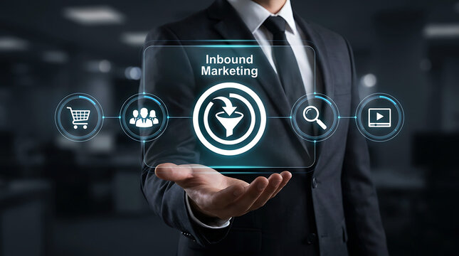 Businessman holding a holographic interface with inbound marketing icons in the office