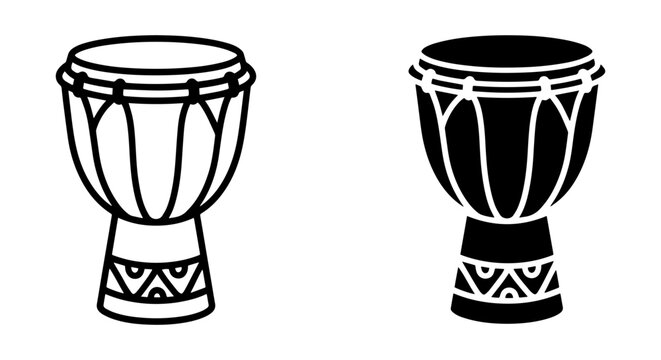 African Djembe Drum Vector Icons, Black and White Percussion Instrument Graphics, Tribal Music Symbols