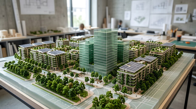 Architectural diorama of sustainable green neighborhood with eco-friendly buildings and solar panels on office desk