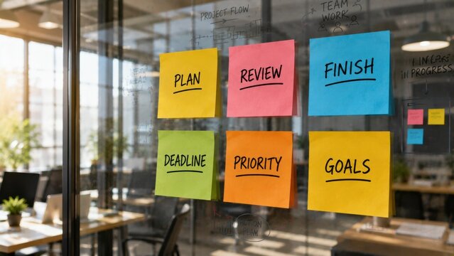 Colorful sticky notes arranged on clear office glass wall displaying project management workflow plan.