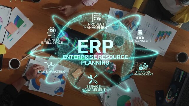 A vibrant workspace illustrating enterprise resource planning with diverse elements like charts and icons for management, highlighting teamwork and innovation in business processes. Raster