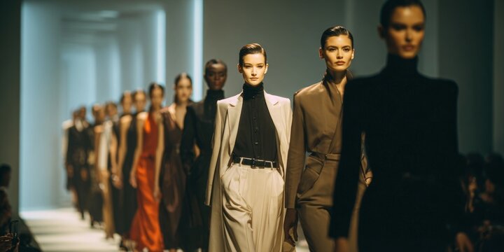Elegant female models walking in a fashion show with stylish clothing, confident expressions, modern runway setting, professional presentation, high fashion event