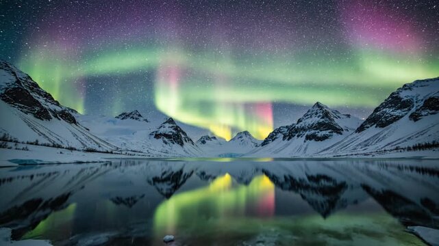 Vibrant aurora borealis lights up a starry night sky above snow-capped mountains and a tranquil, reflective lake.