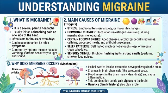 Understanding Migraine: Educational Health Guide to Severe Headaches, Common Symptoms, Aura, Main Causes, Triggers, Brain Mechanisms, Diagnosis, Treatment, Prevention, and Practical Relief Strategies