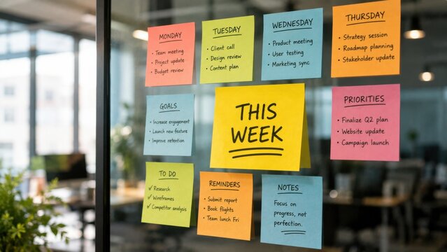 Colorful sticky notes attached to glass wall showing weekly plan with various tasks for team.