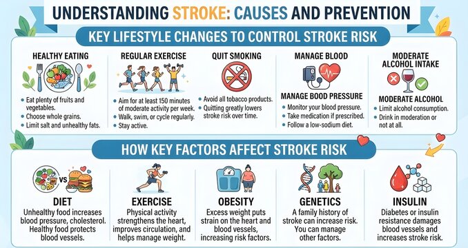 Understanding Stroke: Causes and Prevention Guide Covering Key Lifestyle Changes, Controllable Risk Factors, Healthy Diet, Exercise, Weight Loss, Smoking Cessation, Blood Pressure, Genetics, and Diabe