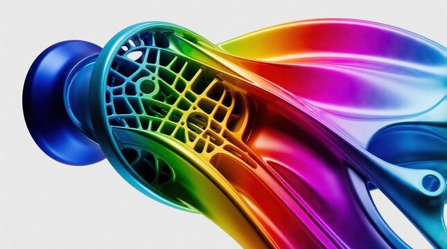 Abstract 3D render geometric form with rainbow gradient effect. Organic, bionic structure with intricate latticework, suggests advanced engineering, futuristic design concepts, smooth metallic curves.