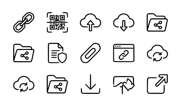 Minimalist web user interface line icon set featuring cloud upload download link qr code scanner shared folder protected document secure transfer elements
