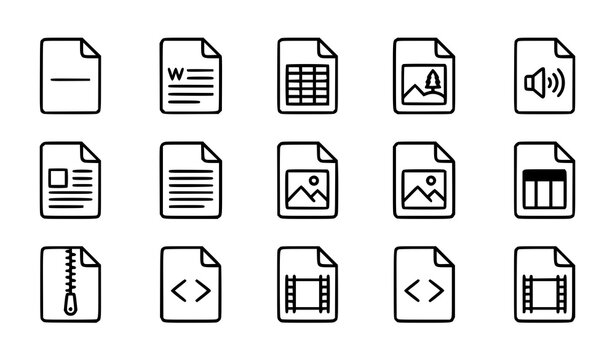 File Type Line Icon Set, Document Word Excel Image Audio Video Zip Code Outline Vector Icons for Web and App