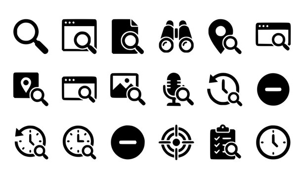Search engine optimization and data discovery solid glyph icon set featuring magnifying glass browser location pin microphone target and history elements