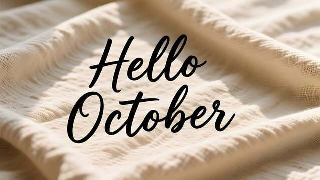 Hello October seasonal greeting text, autumn month typography on soft beige fabric, cozy fall aesthetic with warm sunlight and shadows