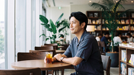 Fototapeta premium 観葉植物に囲まれたカフェで冷たい紅茶を楽しむ男性 ｜ 窓辺の自然光