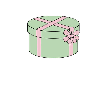 Round gift box with pink ribbon and flower decoration