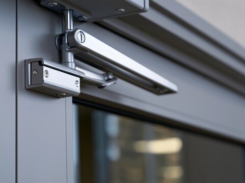 Door closer arm mounted at the top of a commercial door with clear visibility of the mechanism and bracket