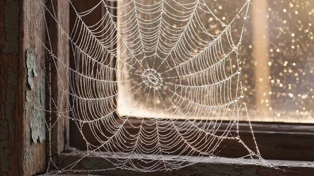 Spider Web Covered in Morning Dew Drops on an Old Wooden Window Frame