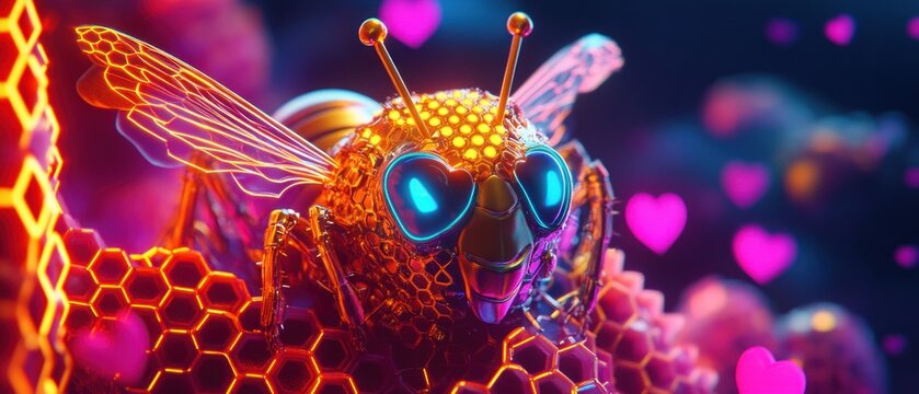 Glowing bee with neon hearts and honeycomb pattern