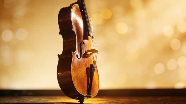 cello standing on dimly lit stage with warm golden light