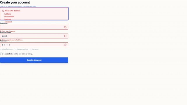 Digital registration form showing multiple red error messages during user account creation process on a clean white web interface screen