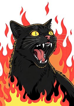 Angry black cat snarling with fire background.
