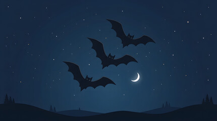 Fototapeta premium Halloween Night Bats Flying Under Crescent Moon Vector Landscape