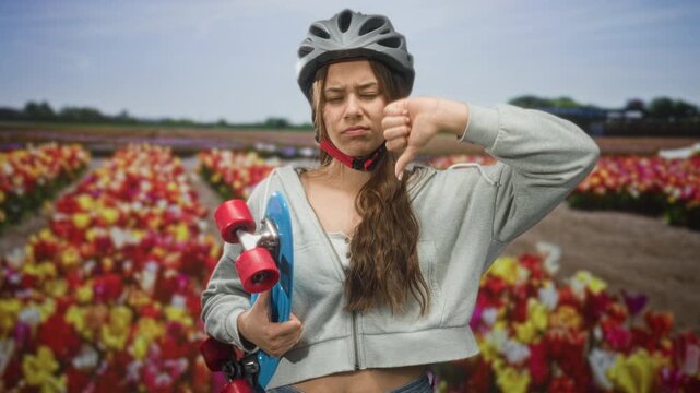 Woman wearing helmet holding a blue cruiser skateboard with thumbs down gesture in forest among tulip rows; disappointment resilience.