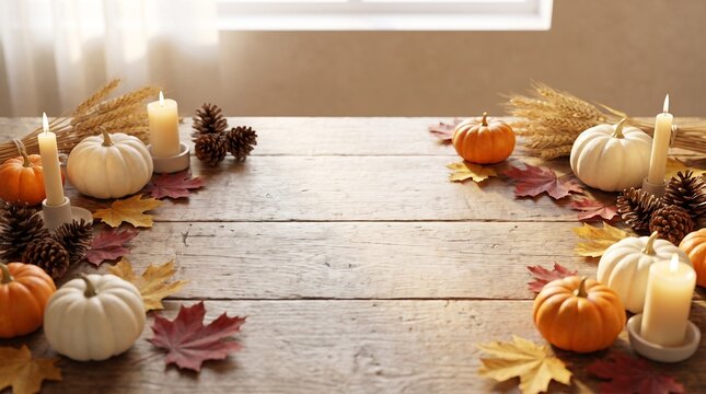 A warm and inviting autumn harvest scene, featuring plump pumpkins, glowing candles, and colorful fall leaves artfully arranged on a rustic wooden table.