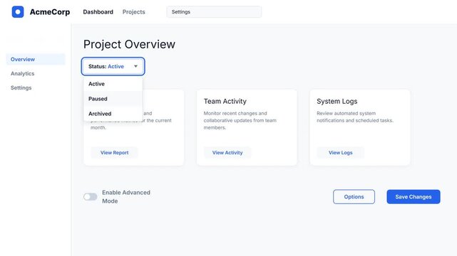 Clean software interface screenshot displaying a project management dashboard with active status dropdown menu for professional technology and development projects