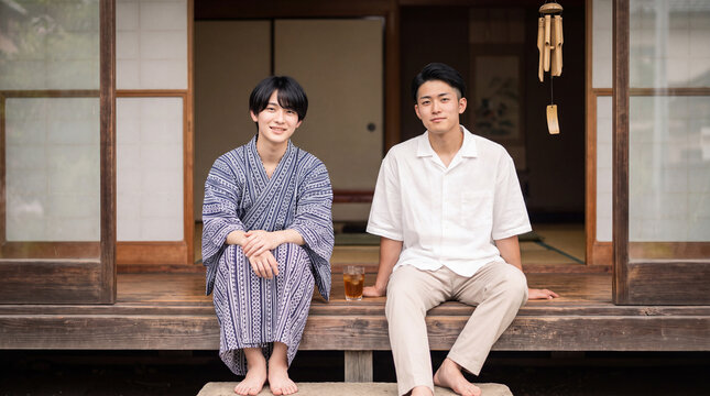 古民家の縁側で並んでくつろぐ若い男性二人 ｜ 正面の構図