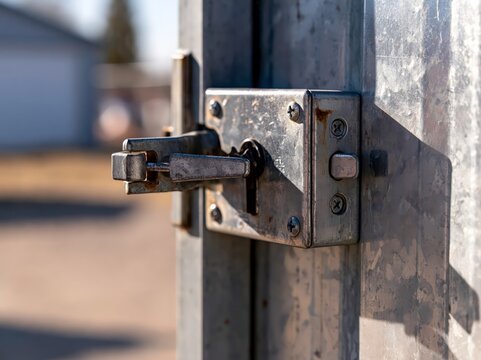 Close up of a gate latch and lock box on a metal side yard gate in afternoon sunlight