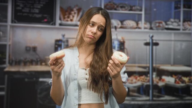 Woman holds a donut in each hand inside a bakery building, comparing choices with a puzzled expression and shrugged shoulders; indecision.