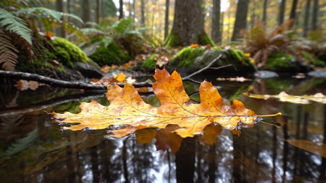 Yellow autumn oak leaf floating on still water surface, surrounded by mossy rocks and ferns in a forest, calm nature scene, seasonal change, serene reflection