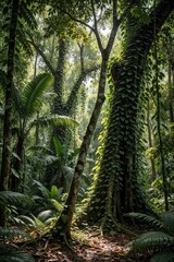 Fototapeta premium Young sapling tree leans across large vine covered trunk in dense tropical jungle. Rich green foliage, dappled sunlight on forest floor illustrates nature growth, ecosystem balance. Wild plants grow.
